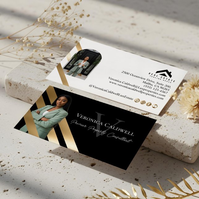 Guld Lyx Fastighetsmäklare Foto Monogram Lyx Visitkort (Gold Luxury Real Estate Agent Photo Monogram Luxe Business Card)