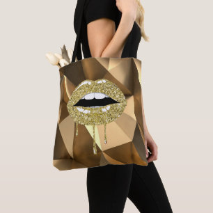 Guld Lyx Skönhet Glam Glitter Droppande Läppar Tygkasse