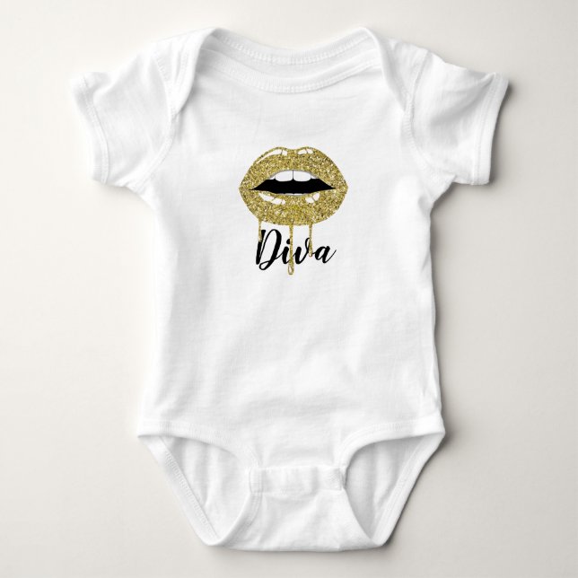 Guld Lyx Skönhet Glitter Dropp Droppande Läppar T Shirt (Framsida)