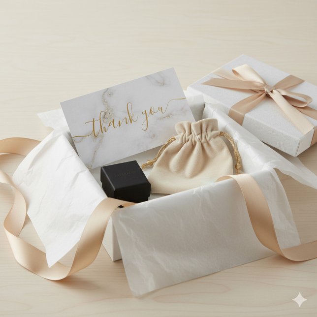Guld, lyxkund tack för vit marmoreffekt tilläggskort (White marble effect with gold script "thank you" packaging enclosure card.)