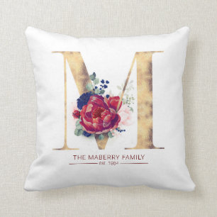Guld M Monogram Blommigt Burgundy Red och Navy Blu Kudde
