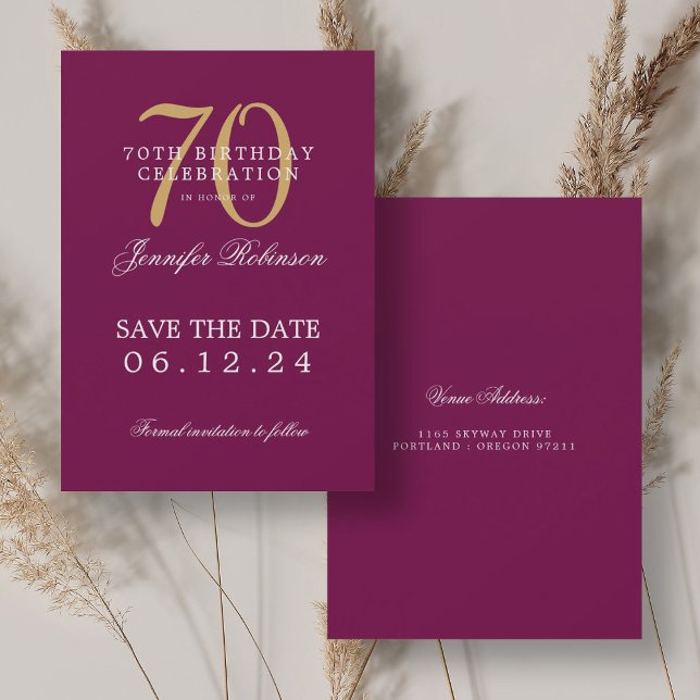Guld Magenta 70:e födelsedag Spara datum Inbjudningar (Gold Magenta 70th Birthday Save the Date Invitation)
