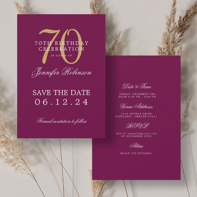 Guld Magenta 70:e födelsedag Spara datuminformatio Inbjudningar (Gold Magenta 70th Birthday Save the Date Details Invitation)