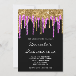 Guld Magenta Glitterdroppar Svart Quinceañera Inbjudningar