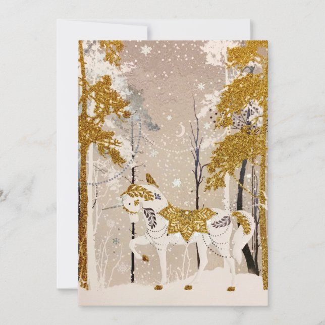 Guld Magic Snowy Forest Unicorn Natature Julkort (Framsida)