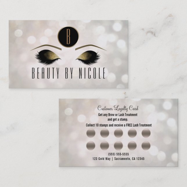 Guld Makeup Ögon White Bokeh Customer Loyalty Card Lojalitetskort (Fram/baksida)