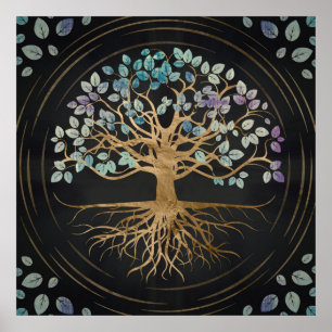Guld- & målad struktur för livets träd - Yggdrasil Poster