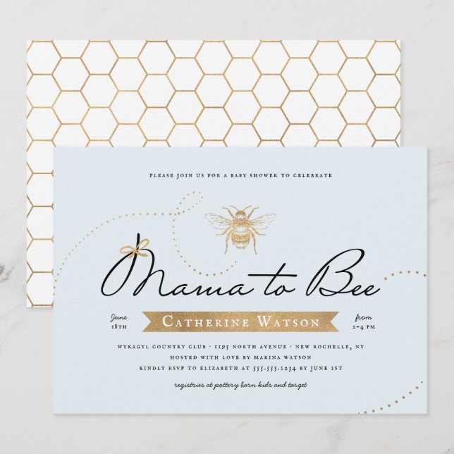 Guld Mamma till Bee Baby Shower Blue Inbjudningar (Fram/baksida)