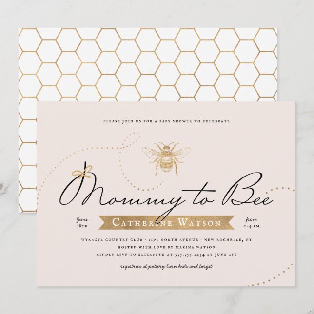 Guld Mamma till Bee Baby Shower Rosa  Inbjudningar (Fram/baksida)