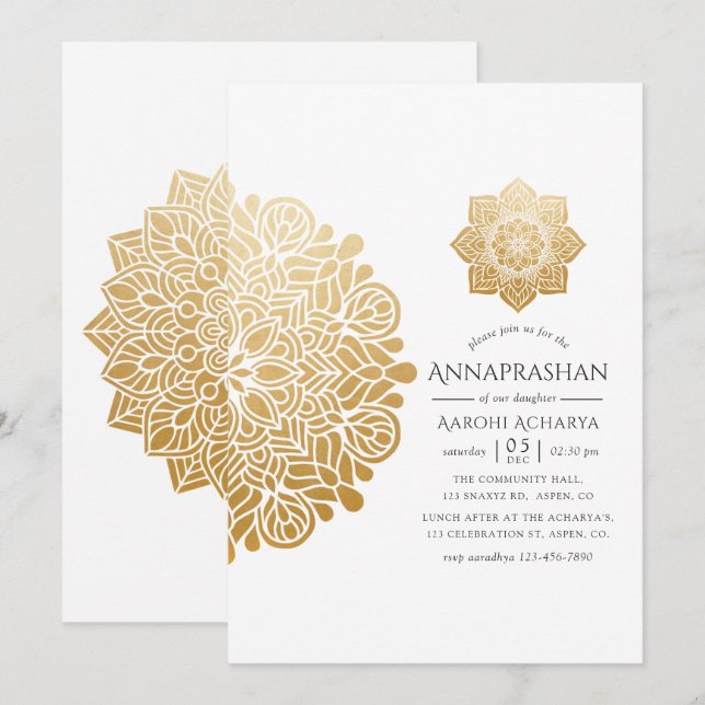 Guld Mandala Annaprashan Första Risceremonien Inbjudningar (Fram/baksida)