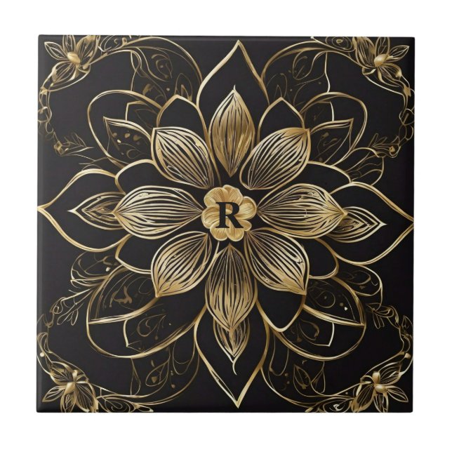 Guld Mandala Blommig Svart Elegant Monogram Initia Kakelplatta (Framsidan)