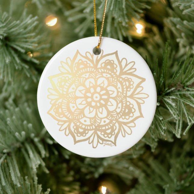 Guld Mandala Boho Chic Flower Ceramic Ornament (Träd)