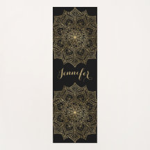 Guld Mandala Flower Custom Name Black Yoga Mat