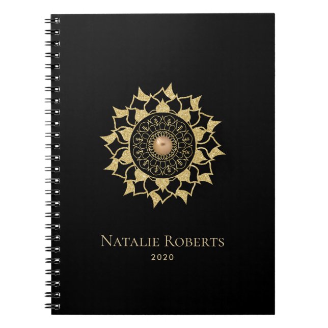Guld Mandala Flower Elegant Black Anteckningsbok (Framsidan)