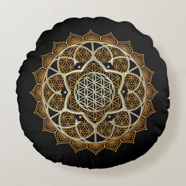 Guld Mandala Flower of life meditation Pillow Rund Kudde (Framsidan)