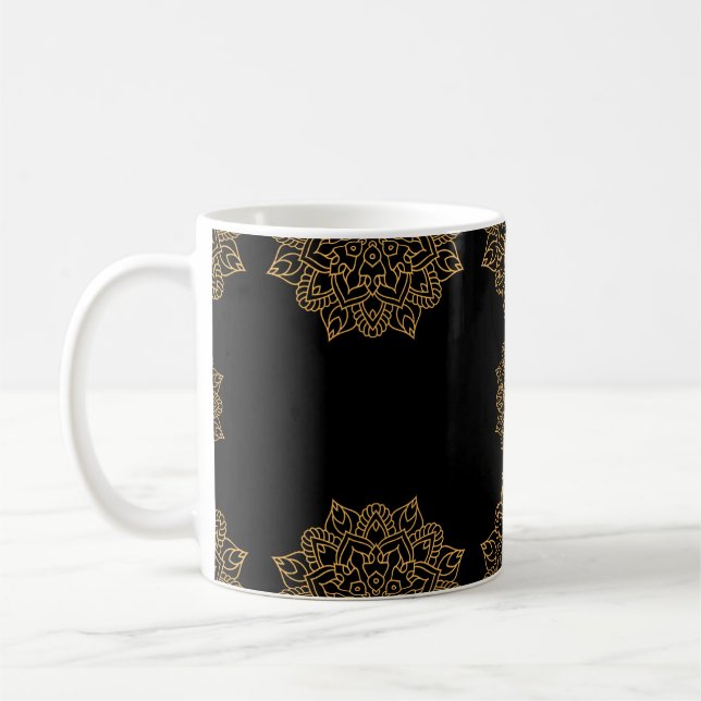 Guld Mandala Flowers ornament med svart mönster Kaffemugg (Vänster)