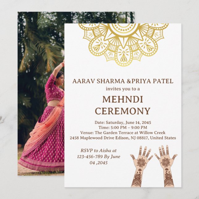 Guld Mandala Indisk Bröllops Mehndi Ceremoni Inbjudningar (Fram/baksida)