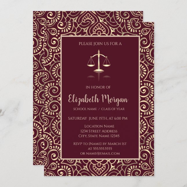 Guld Mandala Law School Burgundy Studenten Inbjudningar (Fram/baksida)