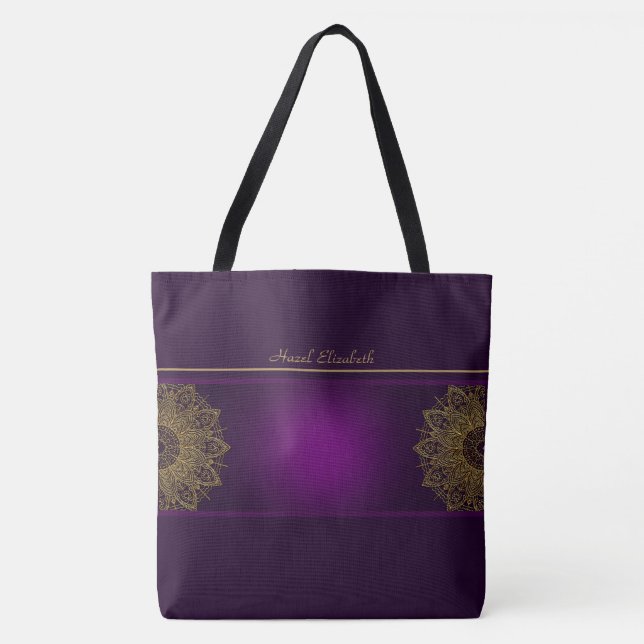 Guld Mandala Lila Monogram Tote Bag Tygkasse (Framsida)