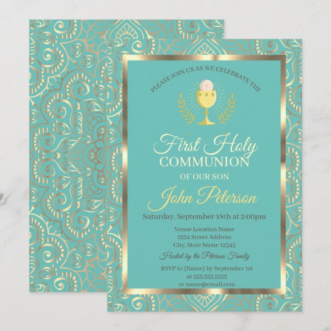 Guld Mandala Mint Grönt First Heliga Communion Inbjudningar (Fram/baksida)