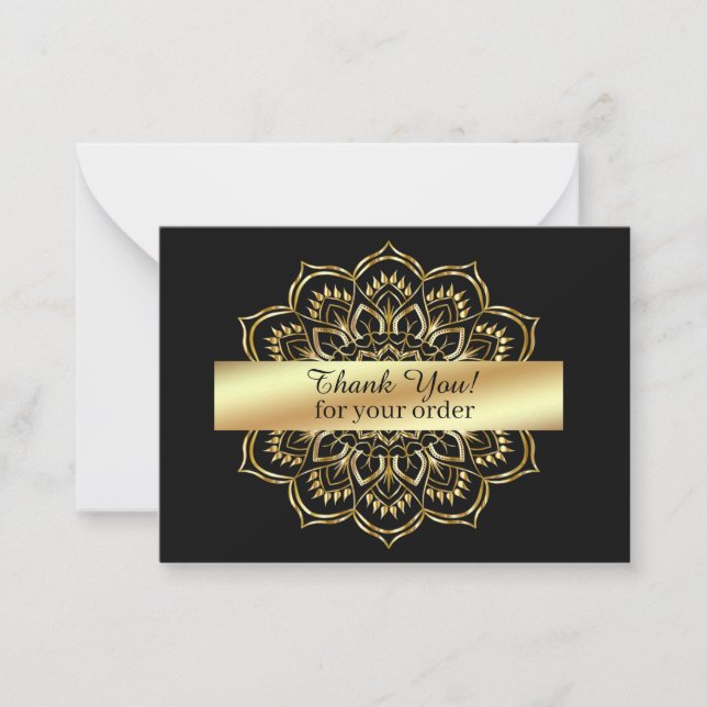 Guld Mandala på svart Tack Anteckningskort (Framsida)