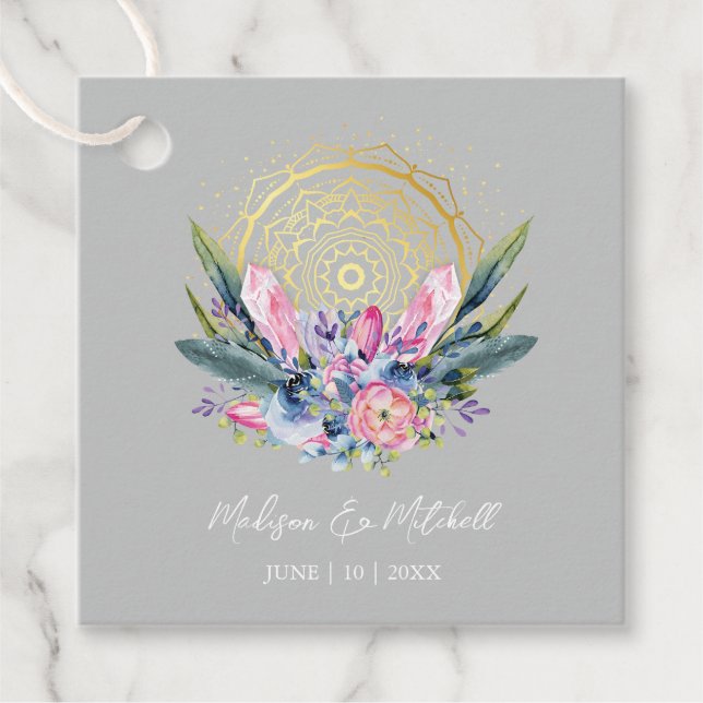Guld Mandala Rosa Kristall Boho Handfasting Bröllo Gåvor Etiketter (Framsida)
