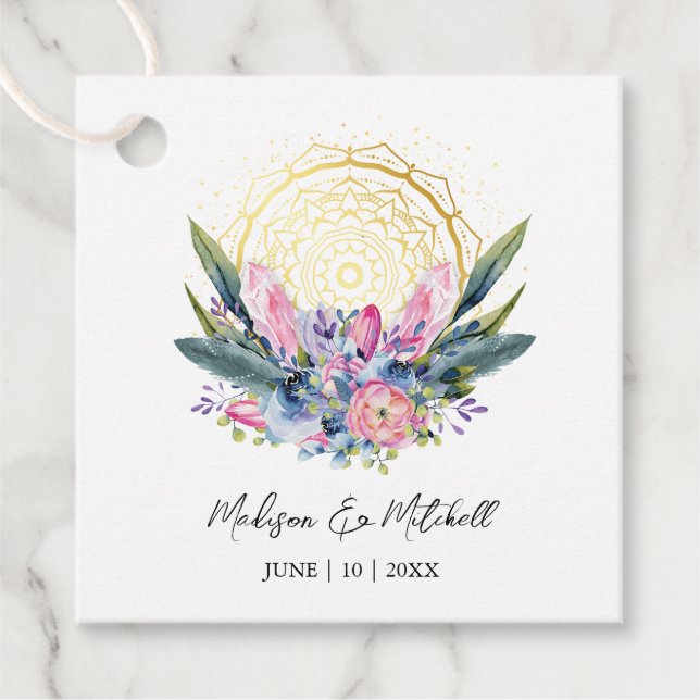 Guld Mandala Rosa Kristall Boho Handfasting Bröllo Gåvor Etiketter (Framsida)