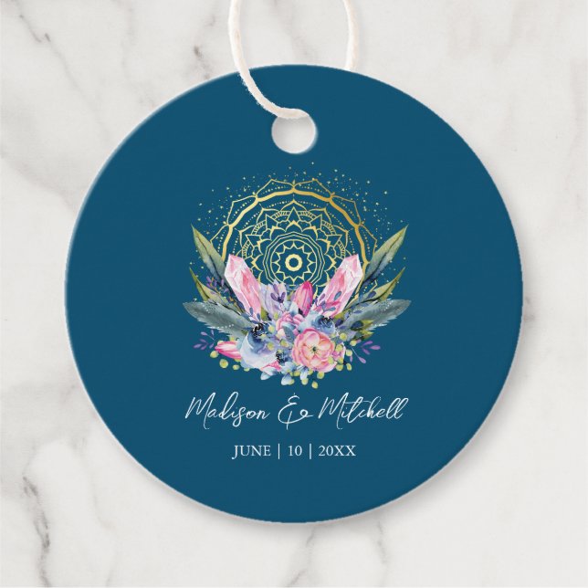 Guld Mandala Rosa Kristall Boho Handfasting Bröllo Gåvor Etiketter (Framsida)