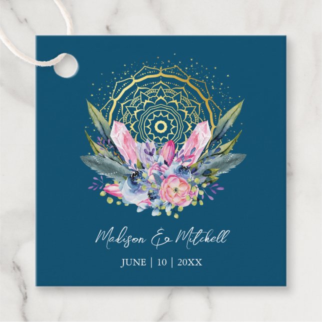 Guld Mandala Rosa Kristall Boho Handfasting Bröllo Gåvor Etiketter (Framsida)