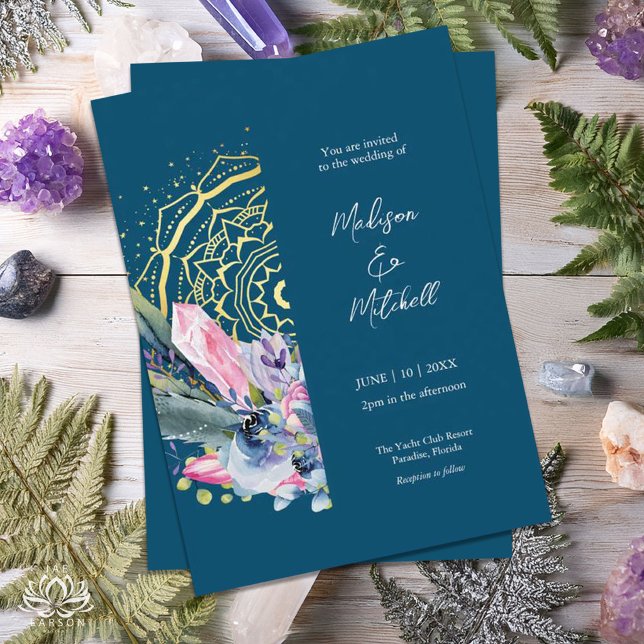 Guld Mandala Rosa Kristall Boho Handfasting Bröllo Inbjudningar (Skapare uppladdad)