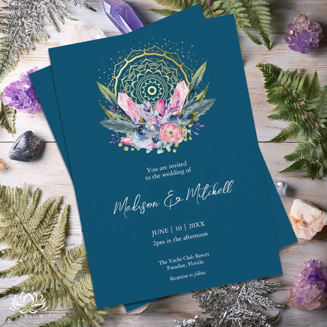 Guld Mandala Rosa Kristall Boho Handfasting Bröllo Inbjudningar (Skapare uppladdad)