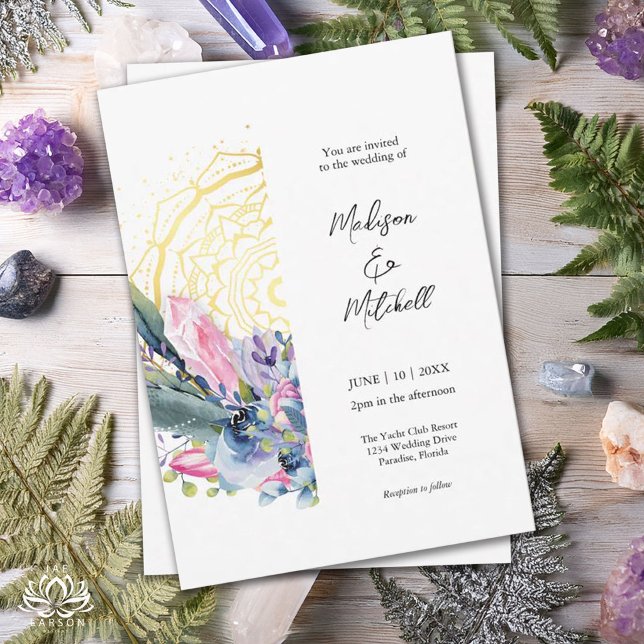 Guld Mandala Rosa Kristall Boho Handfasting Bröllo Inbjudningar (Skapare uppladdad)