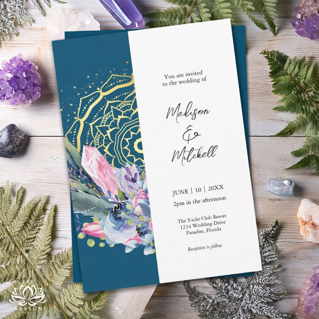 Guld Mandala Rosa Kristall Boho Handfasting Bröllo Inbjudningar (Skapare uppladdad)