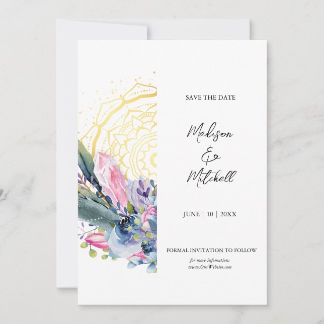 Guld Mandala Rosa Kristall Boho Handfasting Bröllo Spara Datumet (Framsida)
