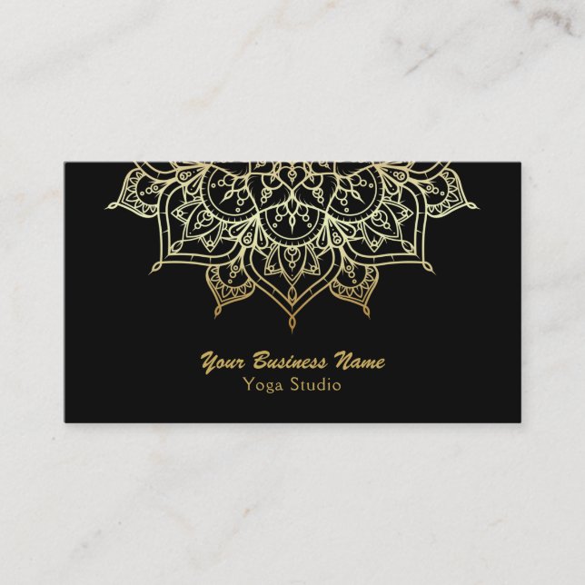 Guld Mandala Svart Elegant Chic Modern Yoga Studio Visitkort (Framsida)