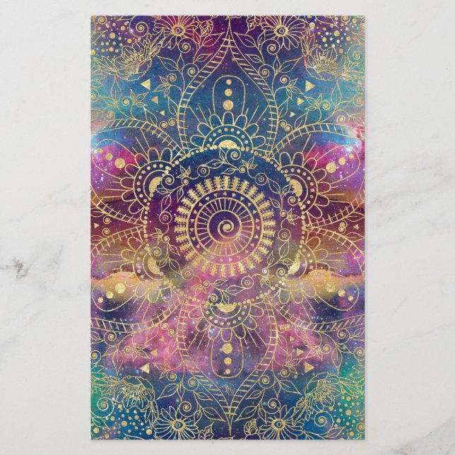 Guld Mandala Watercolor Colorful Nebula Brevpapper (Framsida)