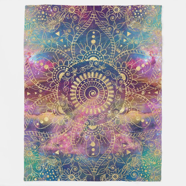 Guld Mandala Watercolor Colorful Nebula Fleecefilt (Framsidan)