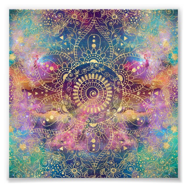 Guld Mandala Watercolor Colorful Nebula Fototryck (Framsidan)