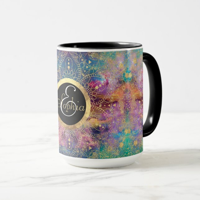 Guld Mandala Watercolor Colorful Nebula Mugg (Framsida höger)