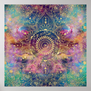 Guld Mandala Watercolor Colorful Nebula Poster