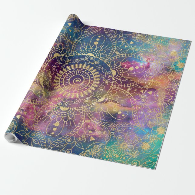 Guld Mandala Watercolor Colorful Nebula Presentpapper (Utrullad)