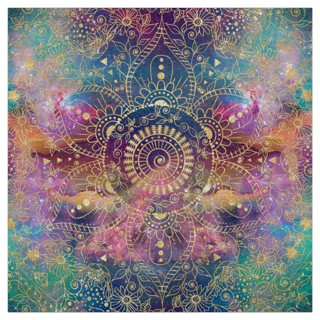 Guld Mandala Watercolor Colorful Nebula Tyg (Provkarta)