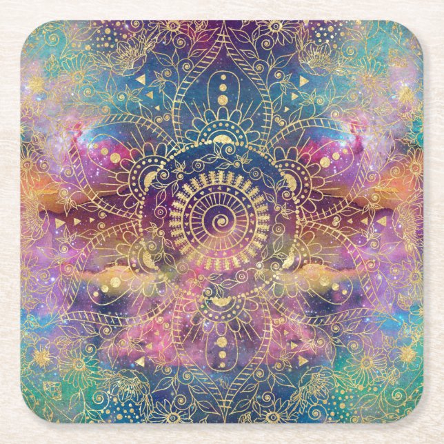 Guld Mandala Watercolor Colorful Nebula Underlägg Papper Kvadrat (Framsidan)