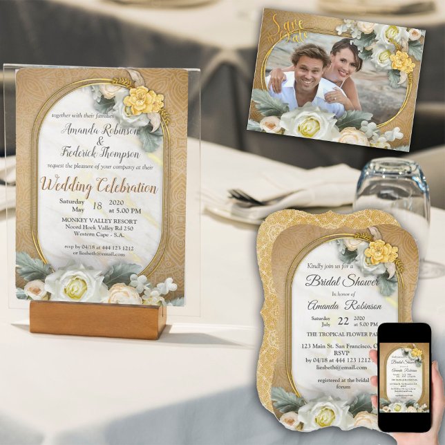 Guld Mandalas of Various Geometric Circle Photo OSA Kort (Gold Mandalas of various geometric circles with white roses invitations)