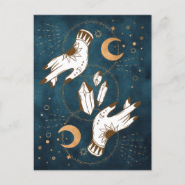 Guld måne faser kristaller henna tatto händer blue vykort