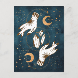 Guld måne faser kristaller henna tatto händer blue vykort