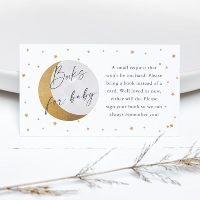 Guld Måne och Star Baby Shower Bokar för Baby Tilläggskort (Gender neutral gold moon and stars books for baby shower invitation enclosure cards.)