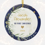 Guld Måne och Stars Baby 1:a jul Julgransprydnad Keramik<br><div class="desc">Måne & Stars temat ornament med elegant vattenfärgsgrönt och drömmande måne och stjärnigt inslag i marinblått och guld</div>