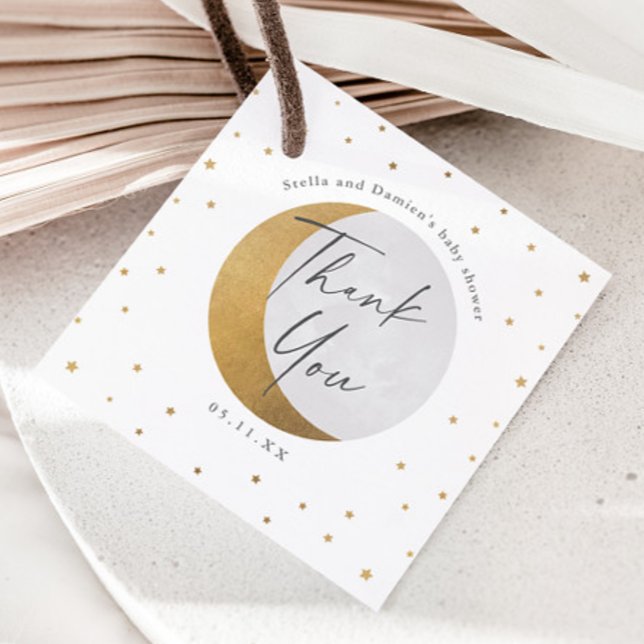 Guld Måne och Stars Baby Shower Tack Gåvor Etiketter (Gold Moon and Stars Elegant Script Gender Neutral Baby Shower Thank You Favor Tag.)