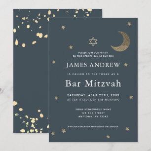 Guld Måne och Stars Navy Blue Pub Mitzvah Inbjudningar